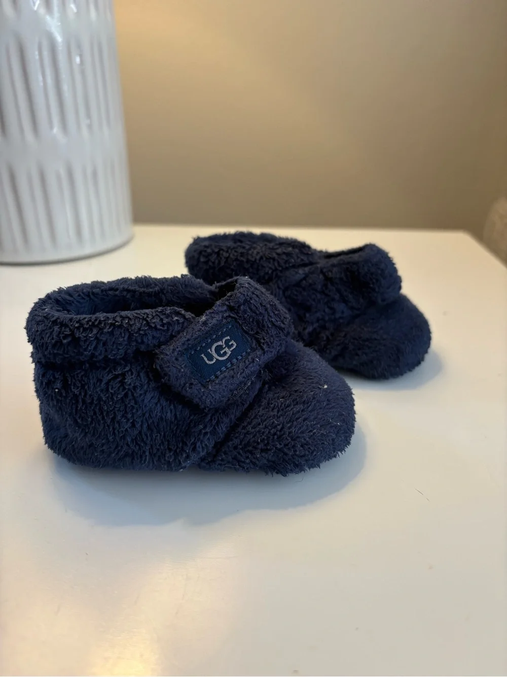 UGG Navy Plush Baby Booties with Hook-and-Loop Strap